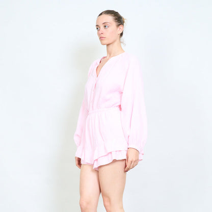 Textured button front elastic waist ruffle hem playsuit wholesale