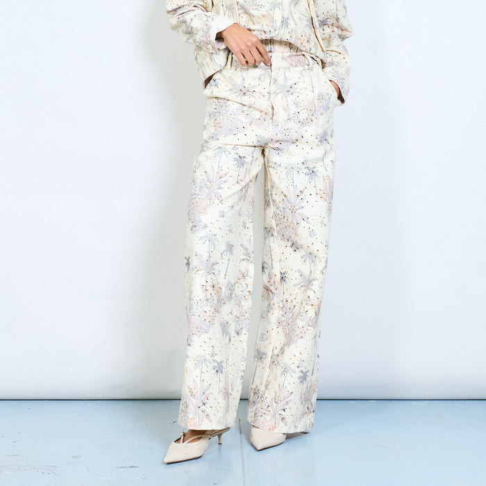 Tropical palm tree printed wide leg trousers wholesale