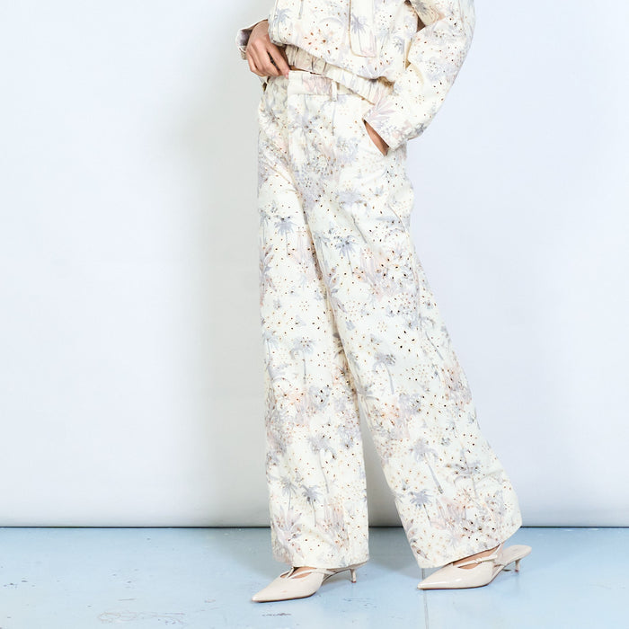 Tropical palm tree printed wide leg trousers wholesale