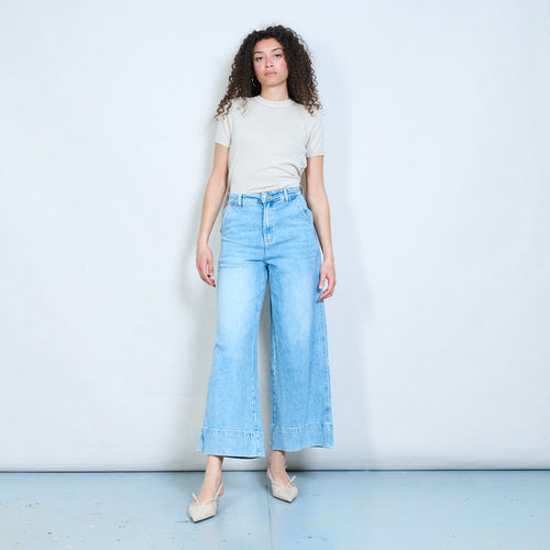 Wide-leg cropped denim jeans with extended hem panel detail wholesale