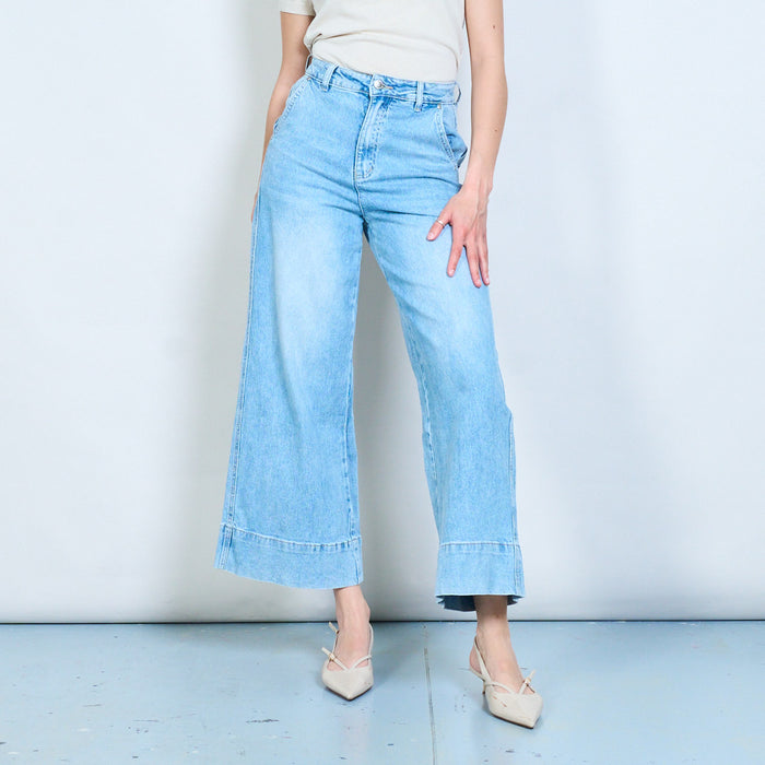 Wide-leg cropped denim jeans with extended hem panel detail wholesale