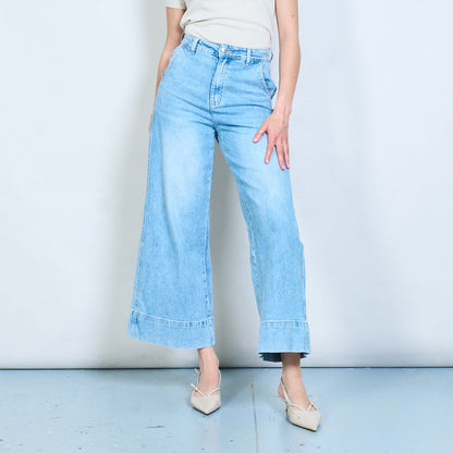 Wide-leg cropped denim jeans with extended hem panel detail wholesale
