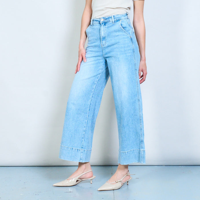 Wide-leg cropped denim jeans with extended hem panel detail wholesale