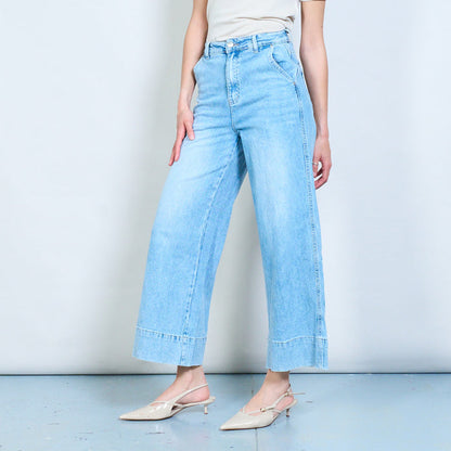 Wide-leg cropped denim jeans with extended hem panel detail wholesale