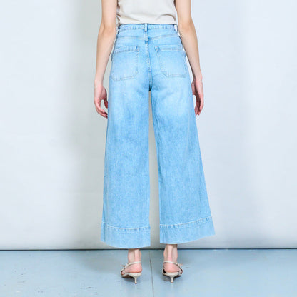 Wide-leg cropped denim jeans with extended hem panel detail wholesale
