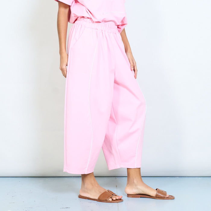 Wide leg elastic waist contrast piping trousers wholesale